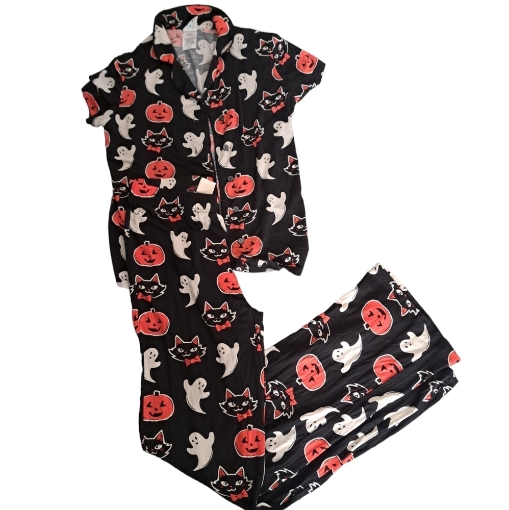NITE-NITE MUNKI MUNKI Halloween goblins pumpkins black cat PJ's pajamas set XS